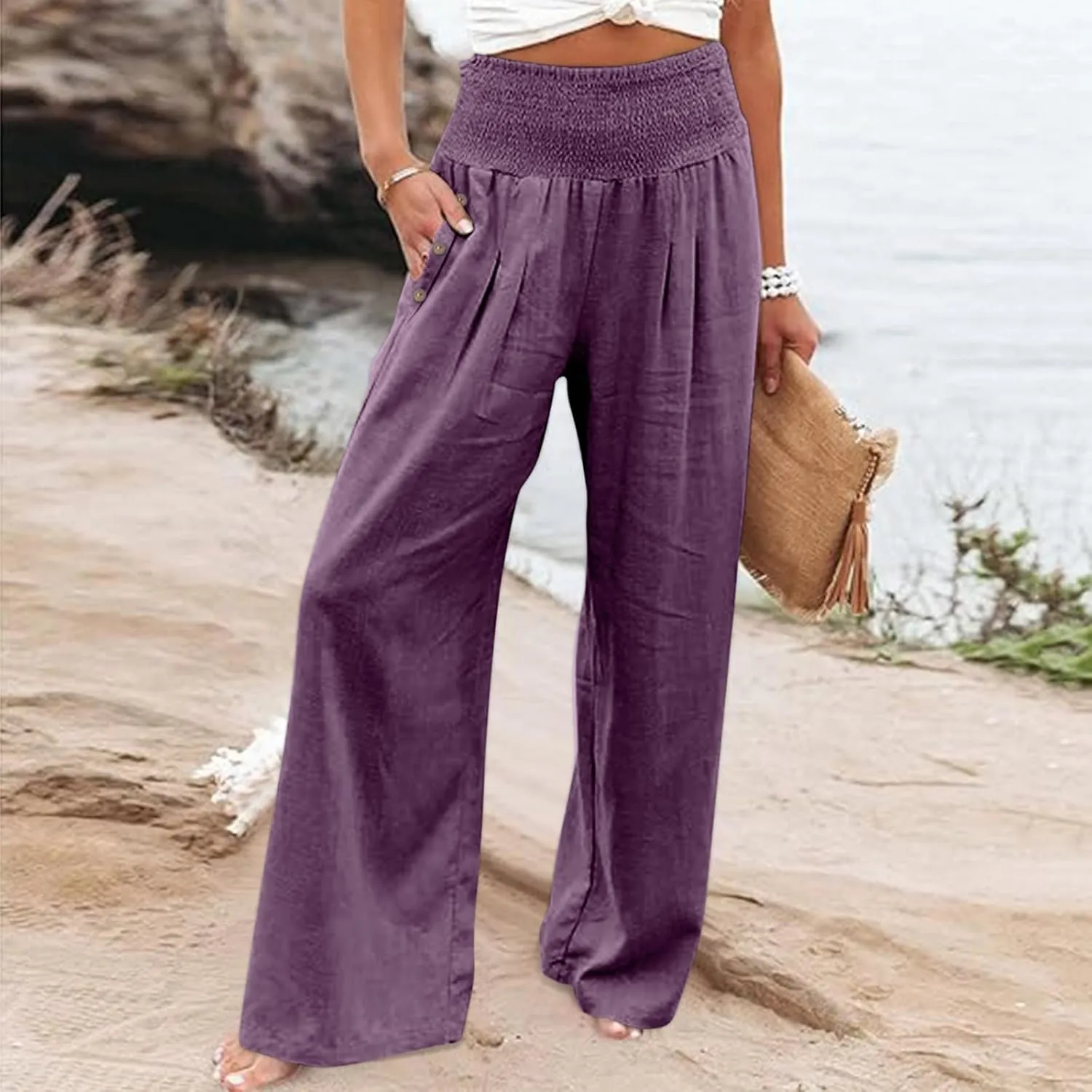 Womens Linen Pants 2025 Summer Casual Loose Wide Leg Palazzo Pants Elastic High Waist Flowy Beach Trousers Outfits