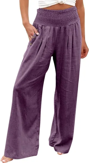 Womens Linen Pants 2025 Summer Casual Loose Wide Leg Palazzo Pants Elastic High Waist Flowy Beach Trousers Outfits