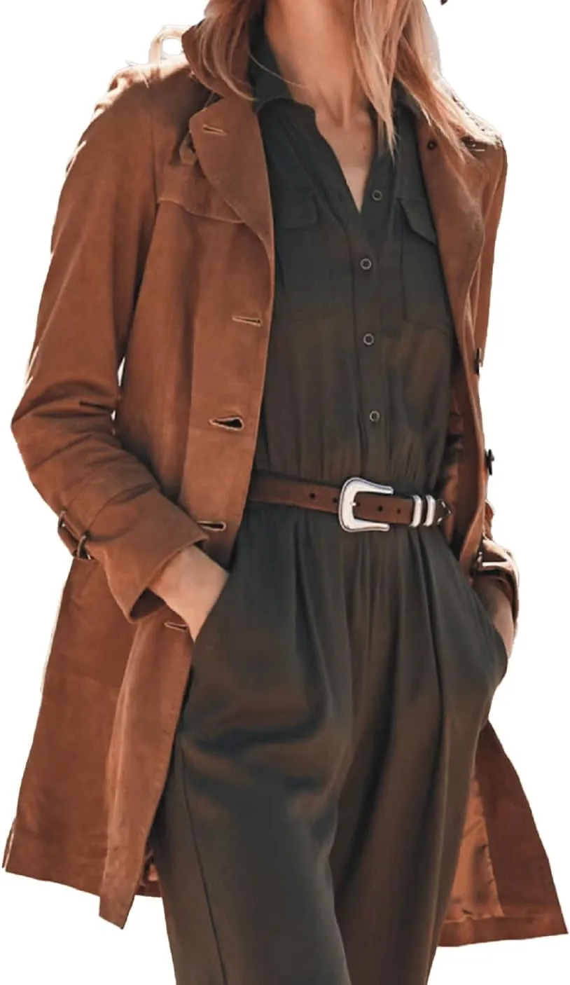 Womens Long Body Real Suede Leather Trench Coat for Womens Lapel Collar Double Breasted Car Coat Oversized