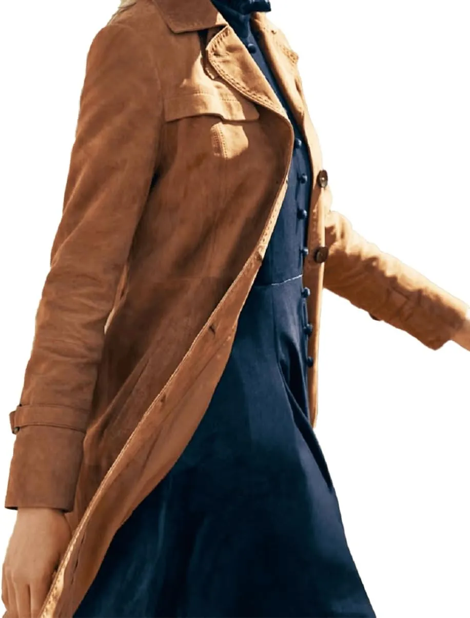 Womens Long Body Real Suede Leather Trench Coat for Womens Lapel Collar Double Breasted Car Coat Oversized