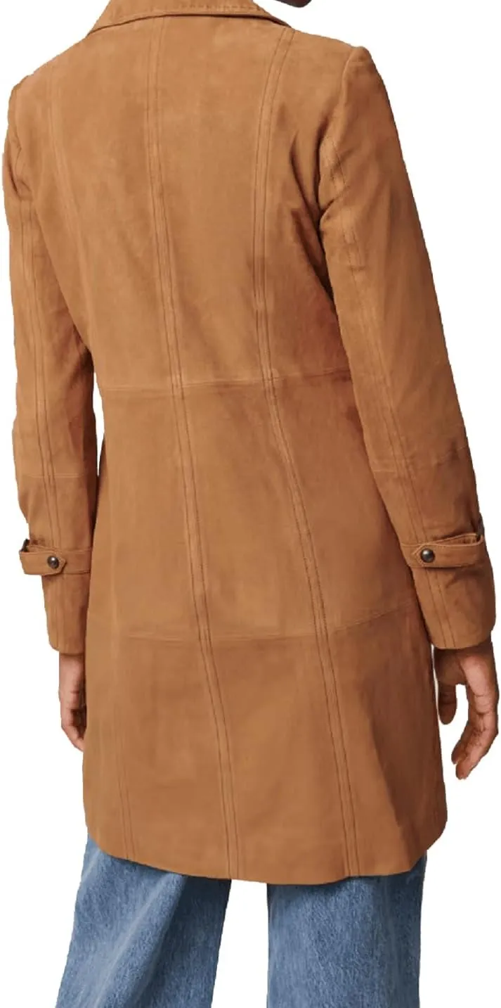 Womens Long Body Real Suede Leather Trench Coat for Womens Lapel Collar Double Breasted Car Coat Oversized