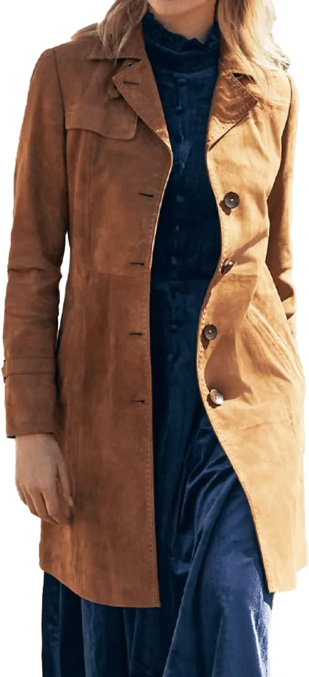 Womens Long Body Real Suede Leather Trench Coat for Womens Lapel Collar Double Breasted Car Coat Oversized