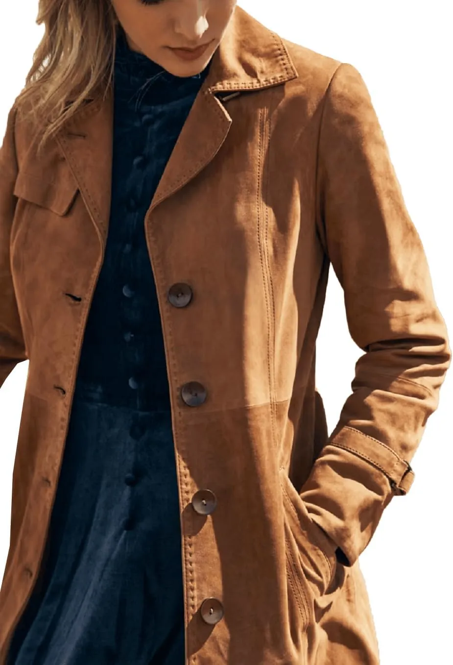 Womens Long Body Real Suede Leather Trench Coat for Womens Lapel Collar Double Breasted Car Coat Oversized