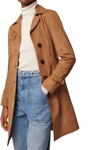 Womens Long Body Real Suede Leather Trench Coat for Womens Lapel Collar Double Breasted Car Coat Oversized