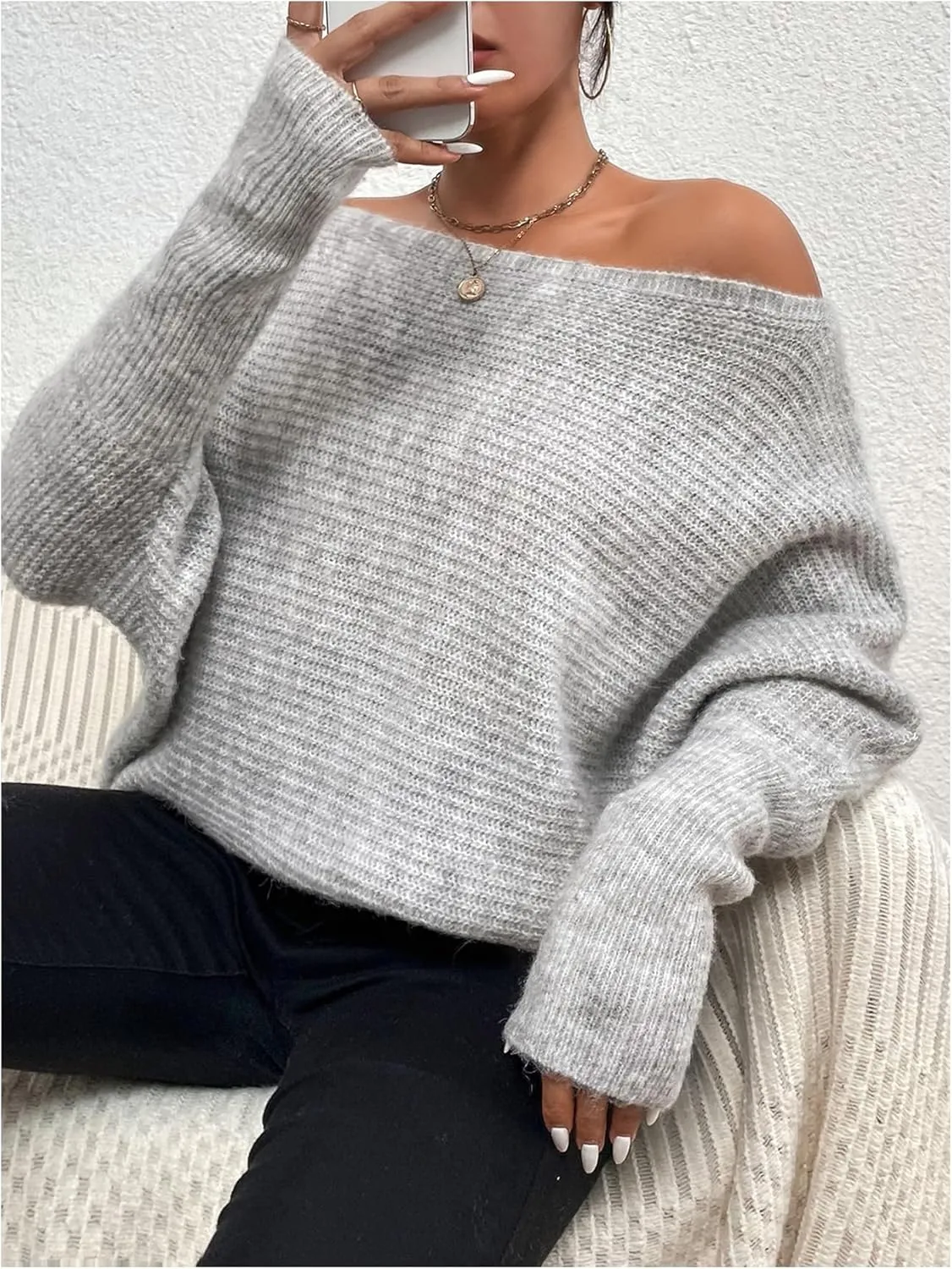 Women's Off Shoulder Sweater Long Sleeve Knitted Pullover Tops Loose Fall Outfits