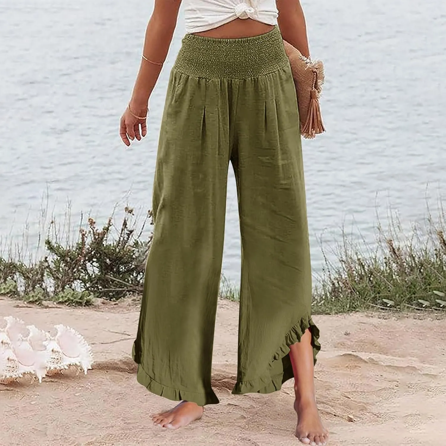 Women's Pants High Waisted Straight Leg Work,Womens Dress Sweatpants Petite, Linen Cotton Slit Baggy Waist