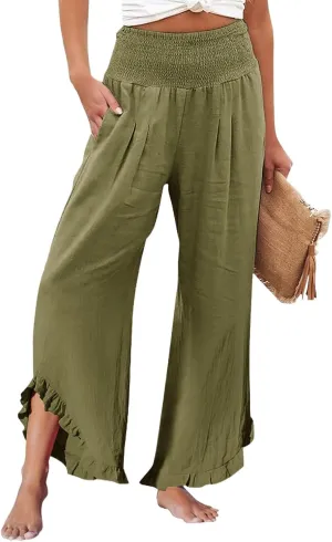 Women's Pants High Waisted Straight Leg Work,Womens Dress Sweatpants Petite, Linen Cotton Slit Baggy Waist
