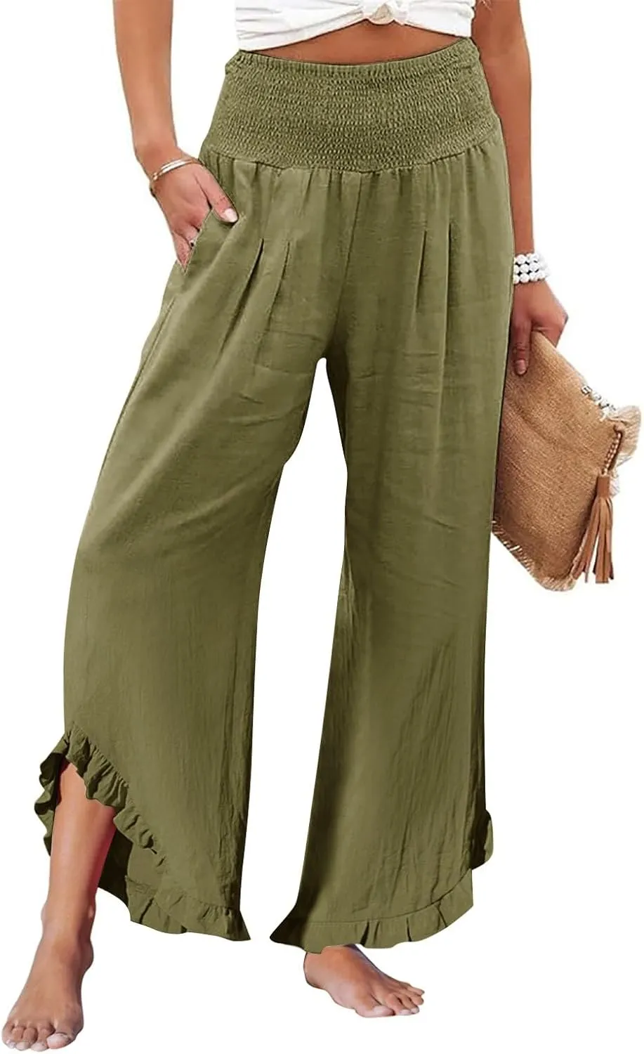 Women's Pants High Waisted Straight Leg Work,Womens Dress Sweatpants Petite, Linen Cotton Slit Baggy Waist