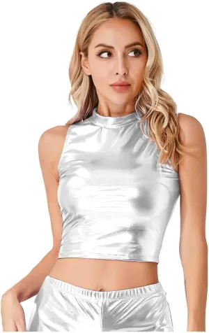 Womens Patent Leather Sleeveless Mock Neck Crop Tank Tops Camisole Night Club Party Rave Dance Costume Clubwear