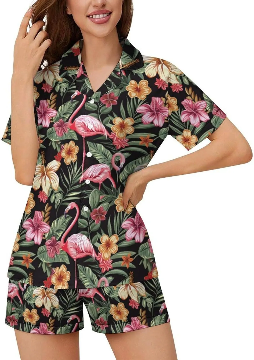 Women's Short Pajama 2 Piece Shorts Sleepwear Loungewear Tops Silk Set