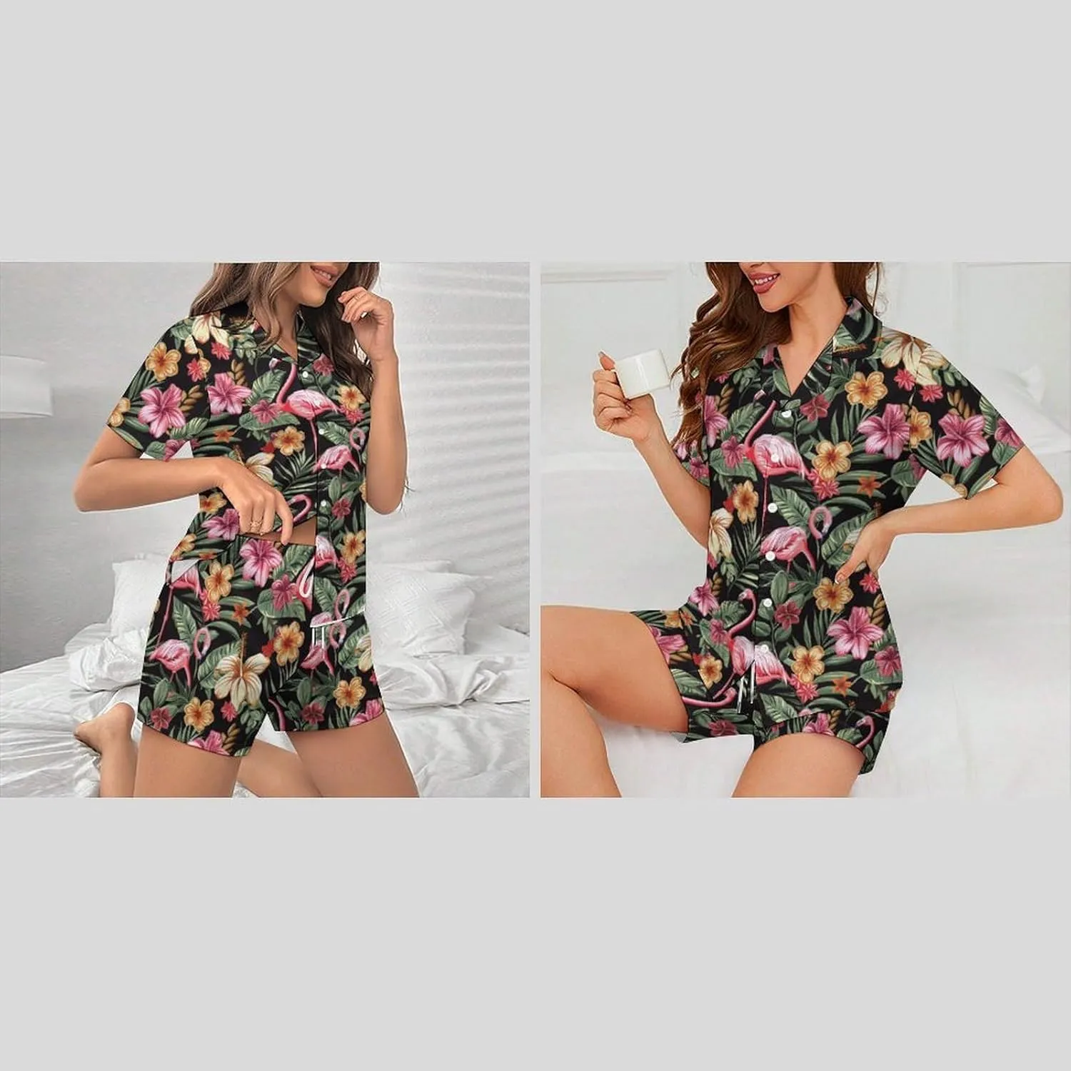 Women's Short Pajama 2 Piece Shorts Sleepwear Loungewear Tops Silk Set