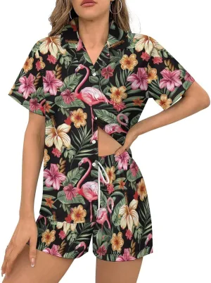 Women's Short Pajama 2 Piece Shorts Sleepwear Loungewear Tops Silk Set