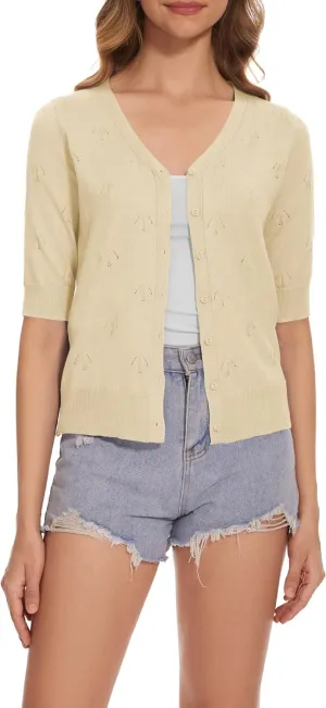 Women's Short Sleeve V Neck Shrugs Button Down Knit Cropped Cardigan Sweater Tops