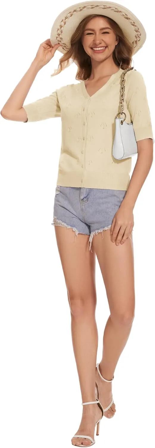 Women's Short Sleeve V Neck Shrugs Button Down Knit Cropped Cardigan Sweater Tops