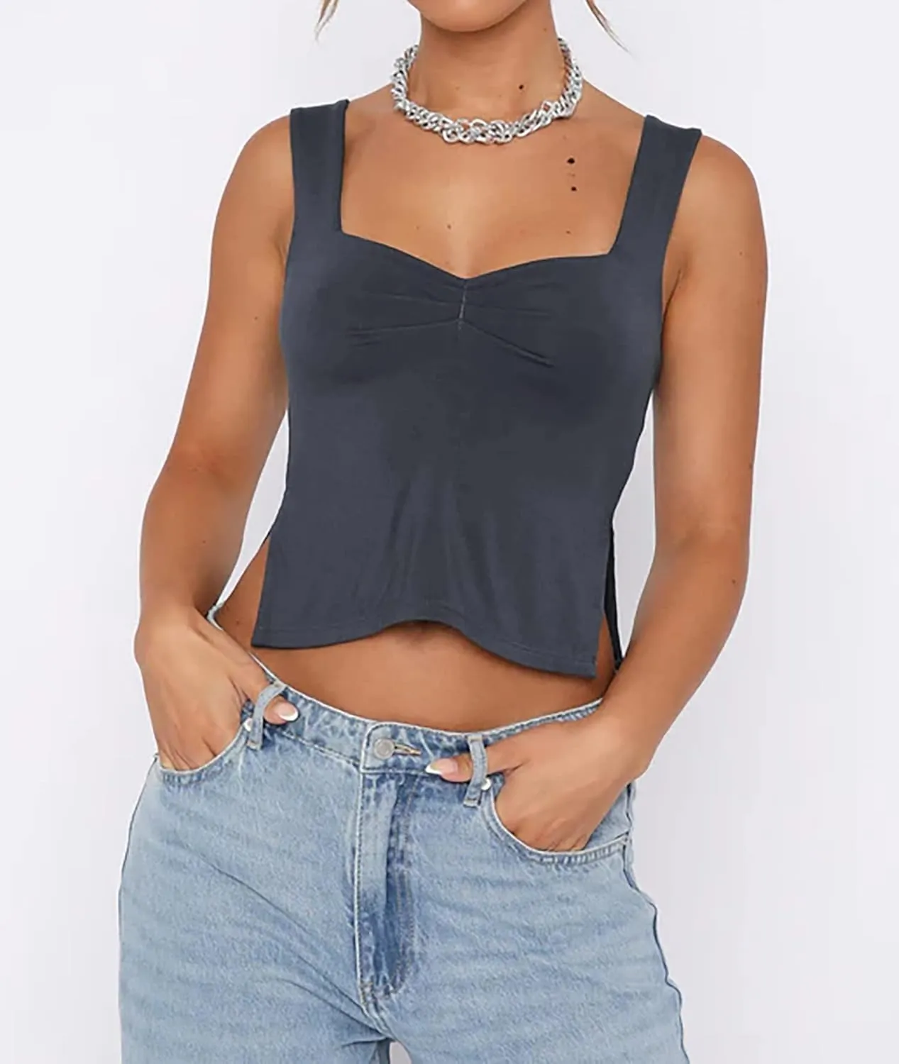 Women's Sleeveless Backless Going Out Crop Tank Top Sexy Pleated Sweetheart Neck Strappy Y2K Slits Cropped Tops
