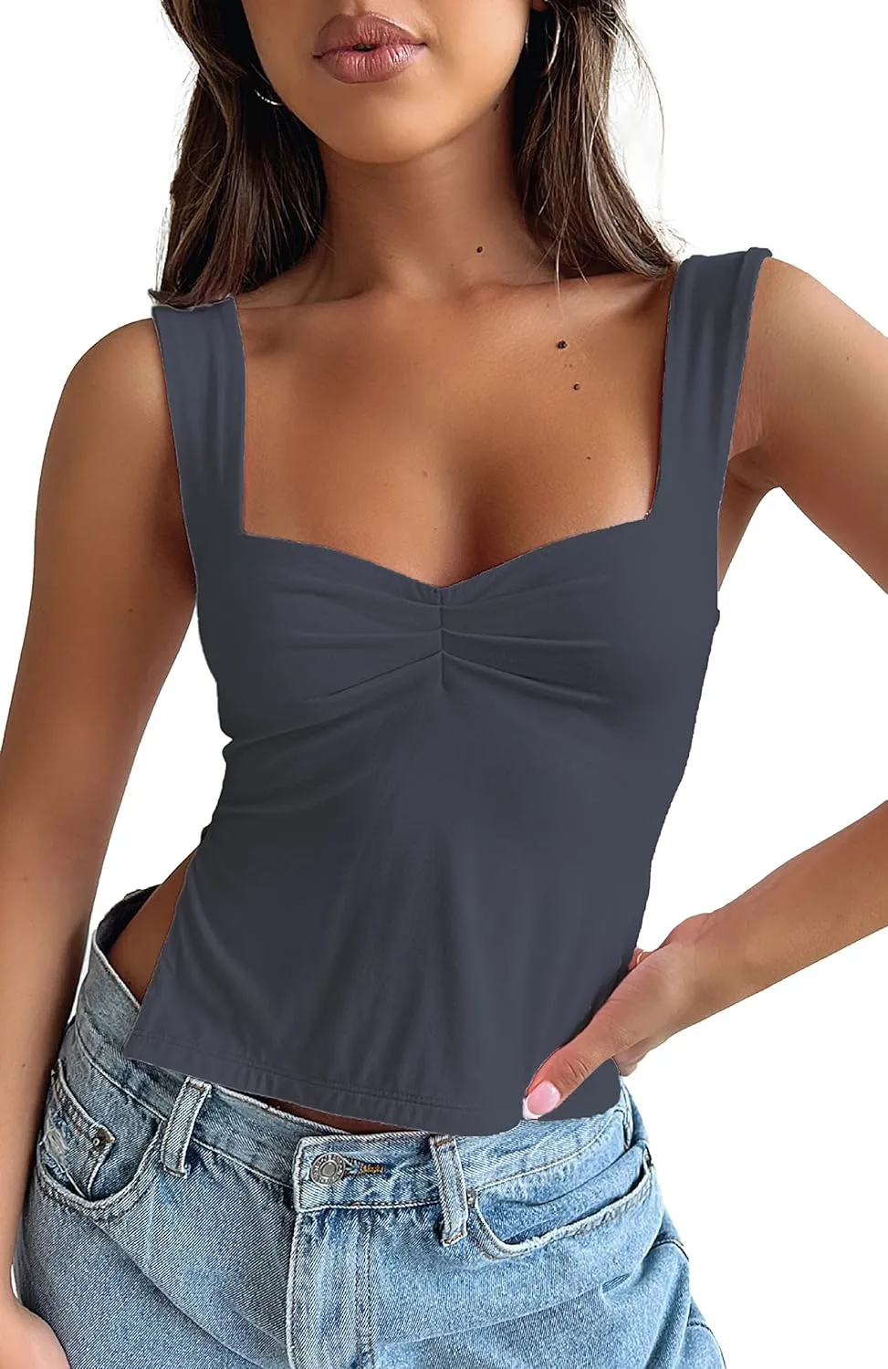 Women's Sleeveless Backless Going Out Crop Tank Top Sexy Pleated Sweetheart Neck Strappy Y2K Slits Cropped Tops