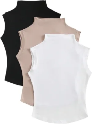 Womens Sleeveless Camisole Tank Tops Blouse Casual Solid Color Stand Collar T-Shirt
