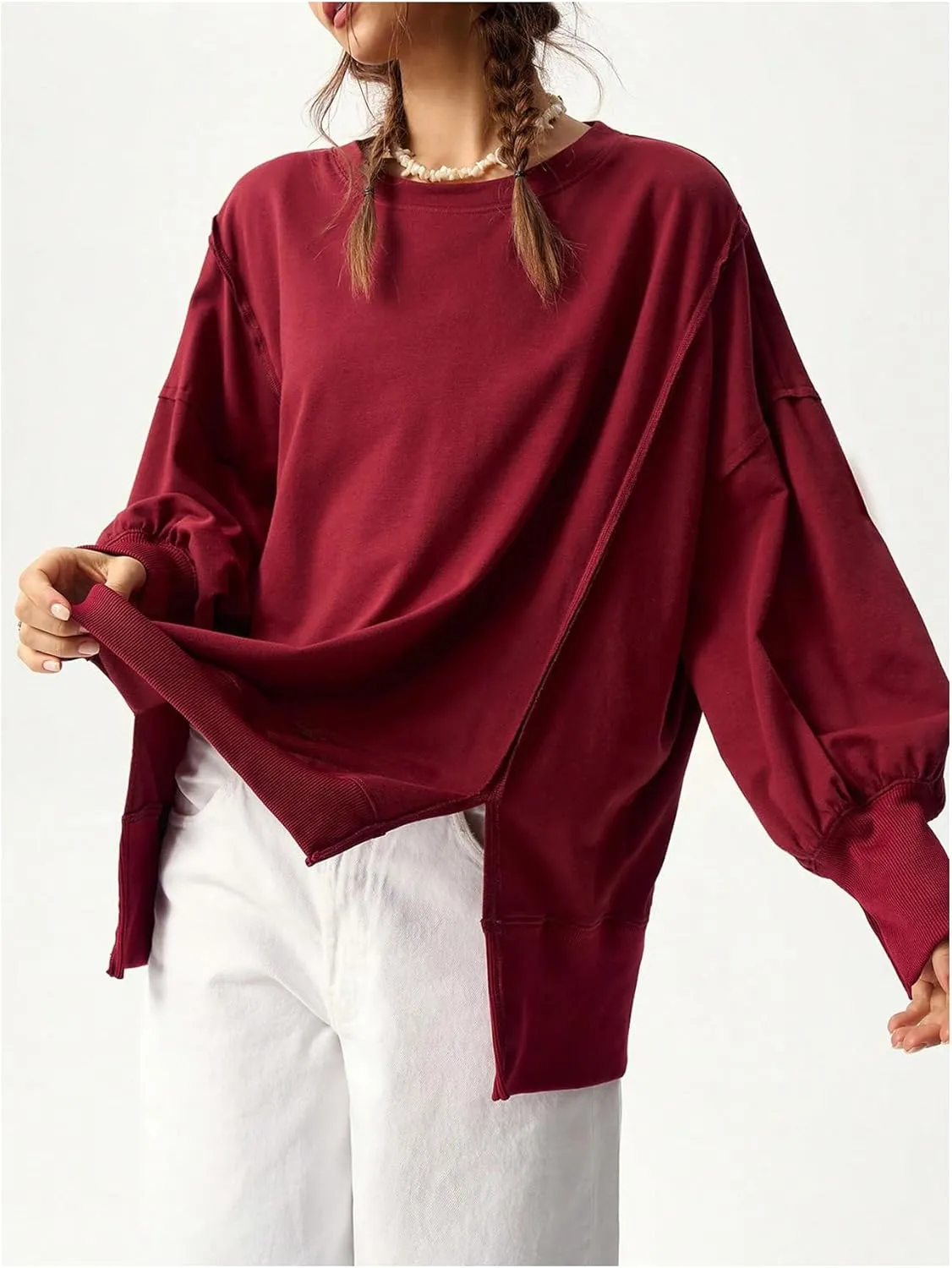 Women's Split Oversized Sweatshirts Drop Shoulder Crewneck Shirt Long Sleeve Pullover Tops