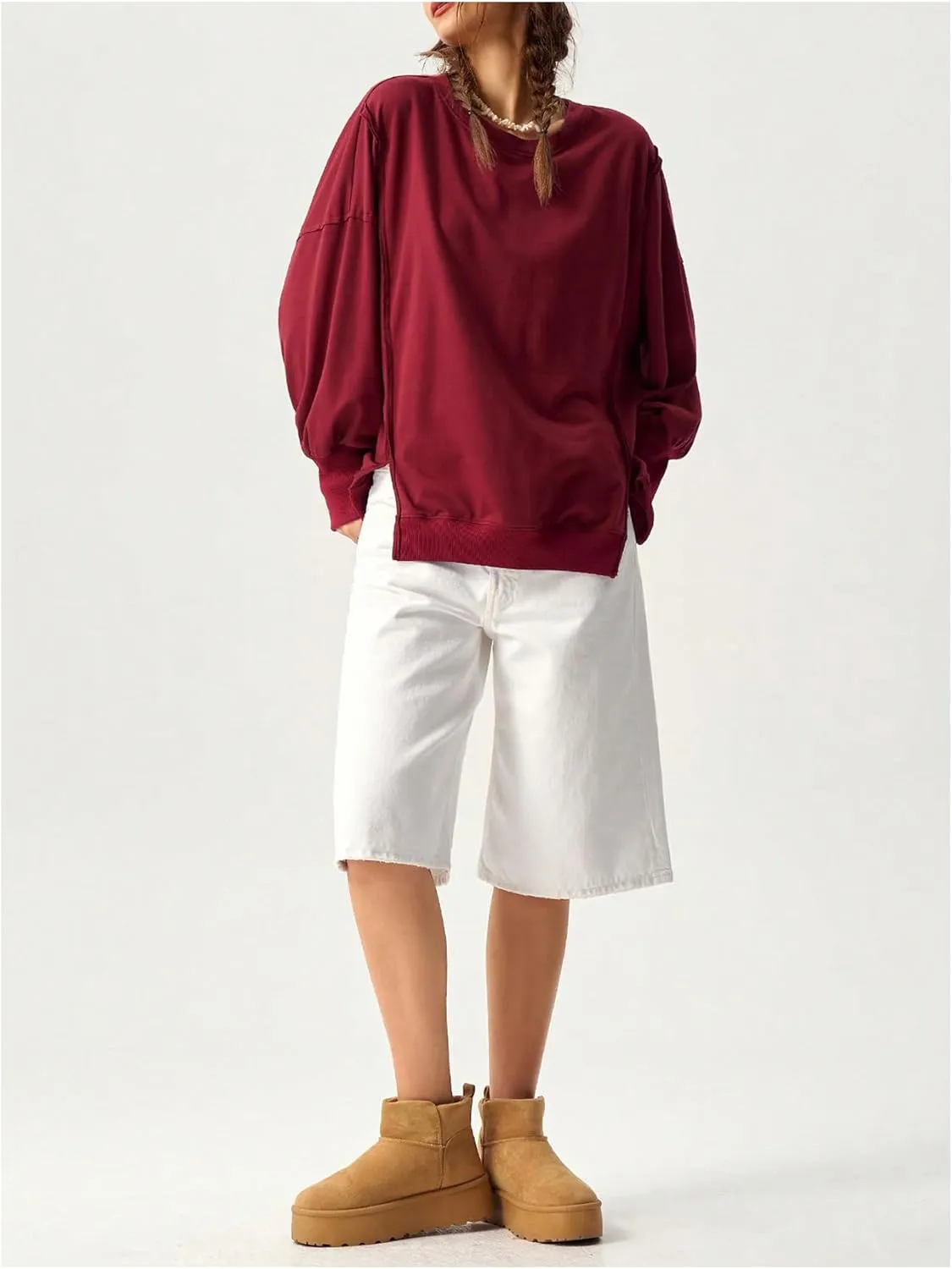 Women's Split Oversized Sweatshirts Drop Shoulder Crewneck Shirt Long Sleeve Pullover Tops