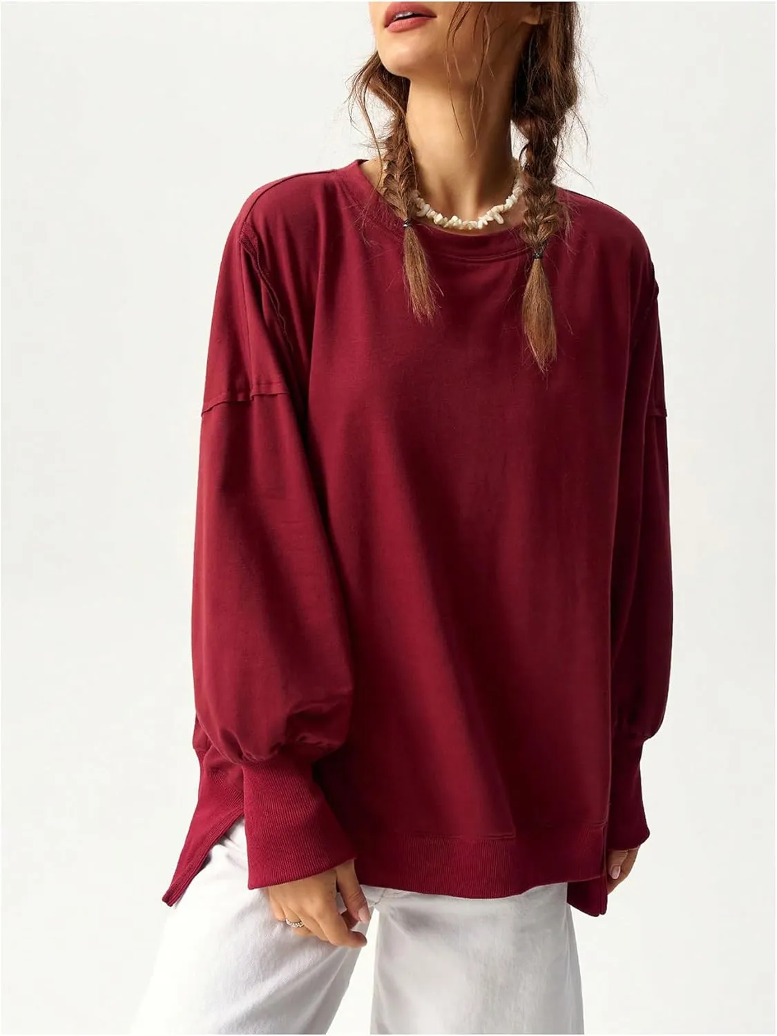 Women's Split Oversized Sweatshirts Drop Shoulder Crewneck Shirt Long Sleeve Pullover Tops