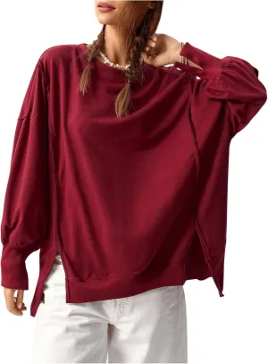 Women's Split Oversized Sweatshirts Drop Shoulder Crewneck Shirt Long Sleeve Pullover Tops