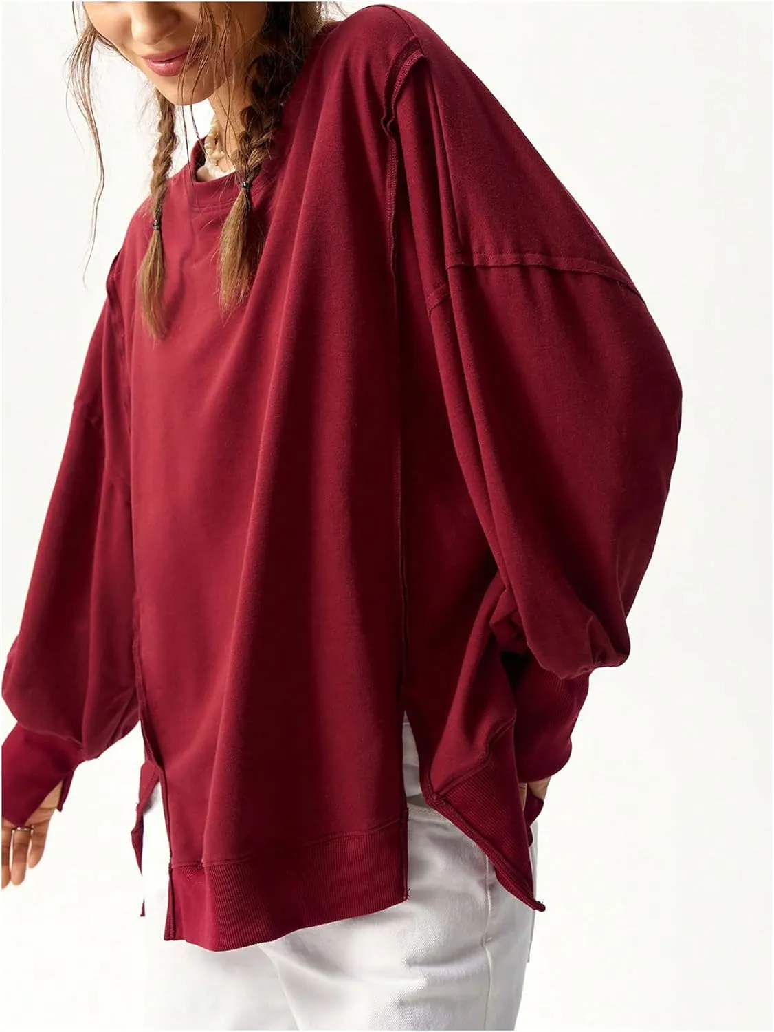Women's Split Oversized Sweatshirts Drop Shoulder Crewneck Shirt Long Sleeve Pullover Tops