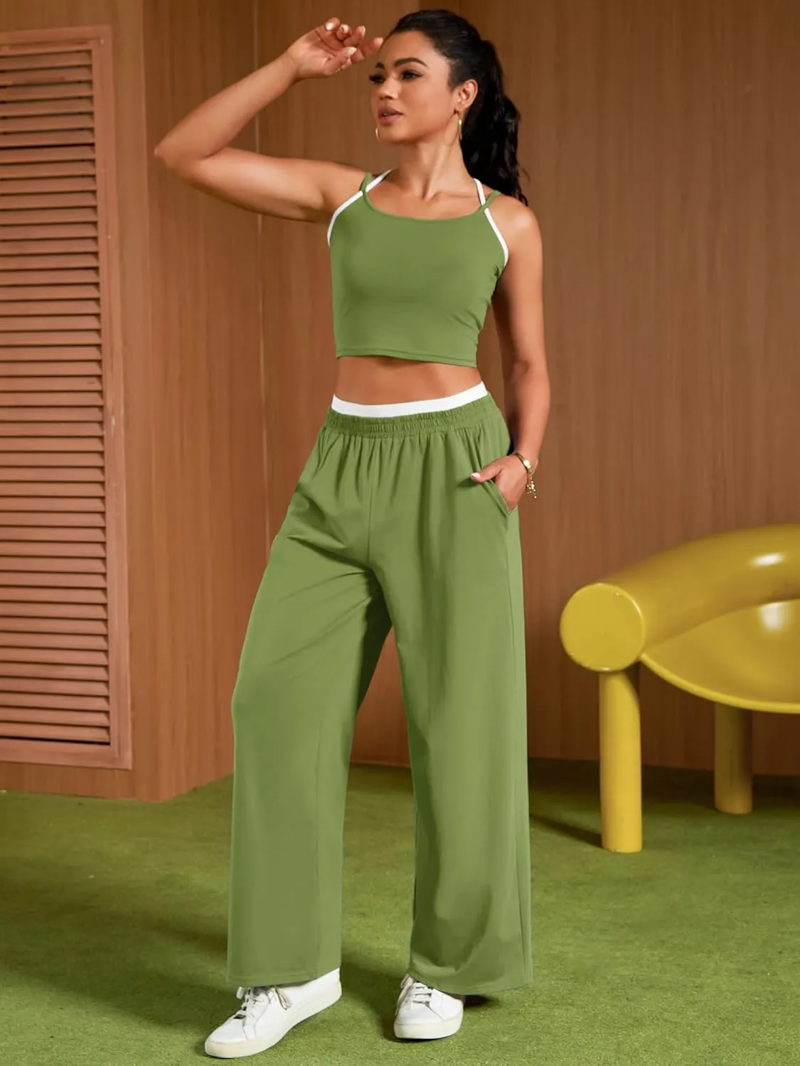 Womens Summer 2 Piece Sets Spaghetti Strap Crop Camisole Tank Tops Wide Leg Pants Yoga Sets Tracksuit Lounge Sets