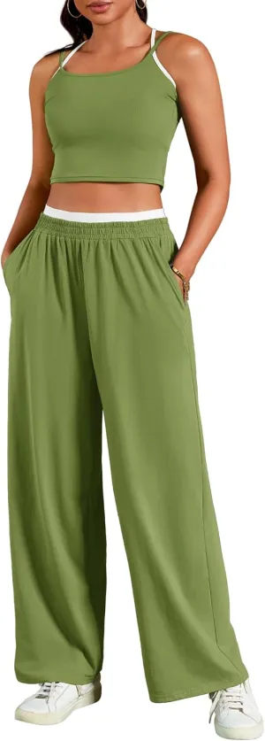 Womens Summer 2 Piece Sets Spaghetti Strap Crop Camisole Tank Tops Wide Leg Pants Yoga Sets Tracksuit Lounge Sets