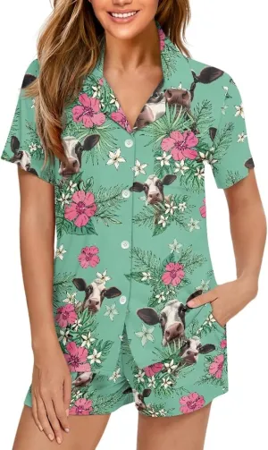Women's Summer Pajama Set 2-Piece Short Sleeve Notch Collar Sleepwear Casual Lounge Set with Shorts
