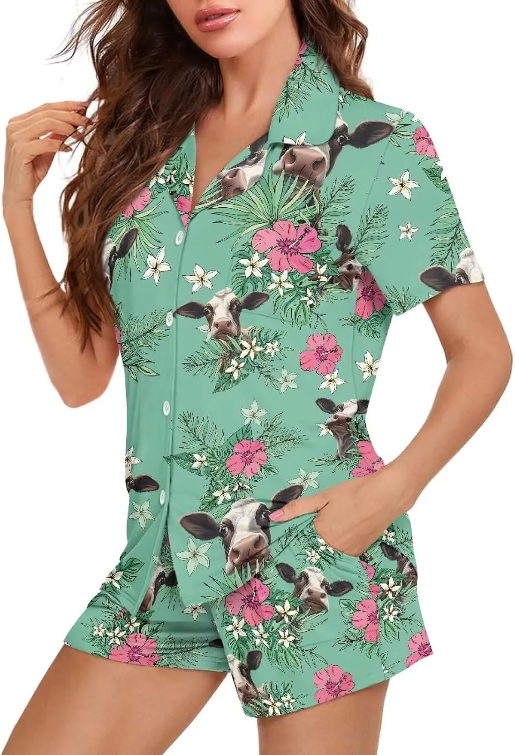 Women's Summer Pajama Set 2-Piece Short Sleeve Notch Collar Sleepwear Casual Lounge Set with Shorts