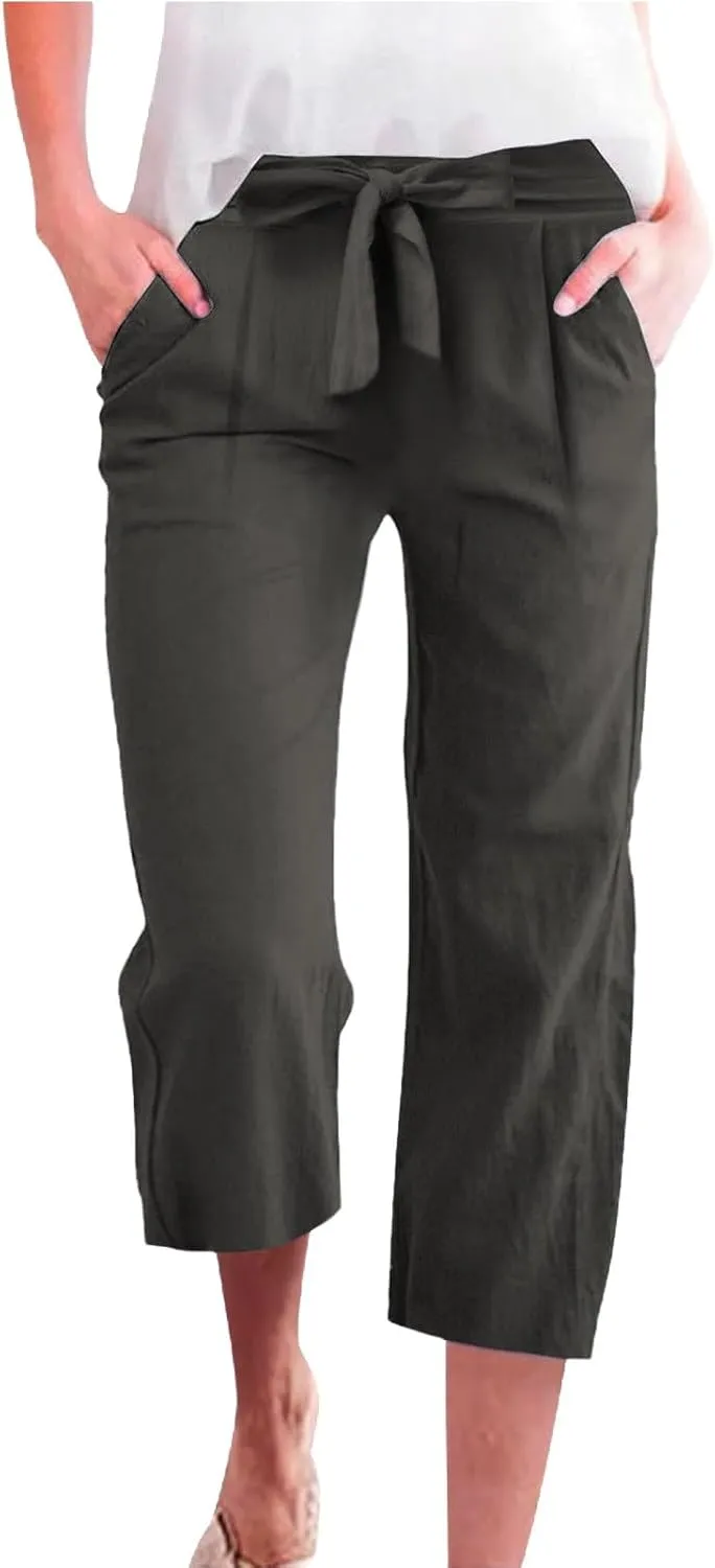 Womens Sweatpants Work,Cargo Pants Women Tall, Linen Cotton Straight Leg Petite Low Rise Capris with Pockets