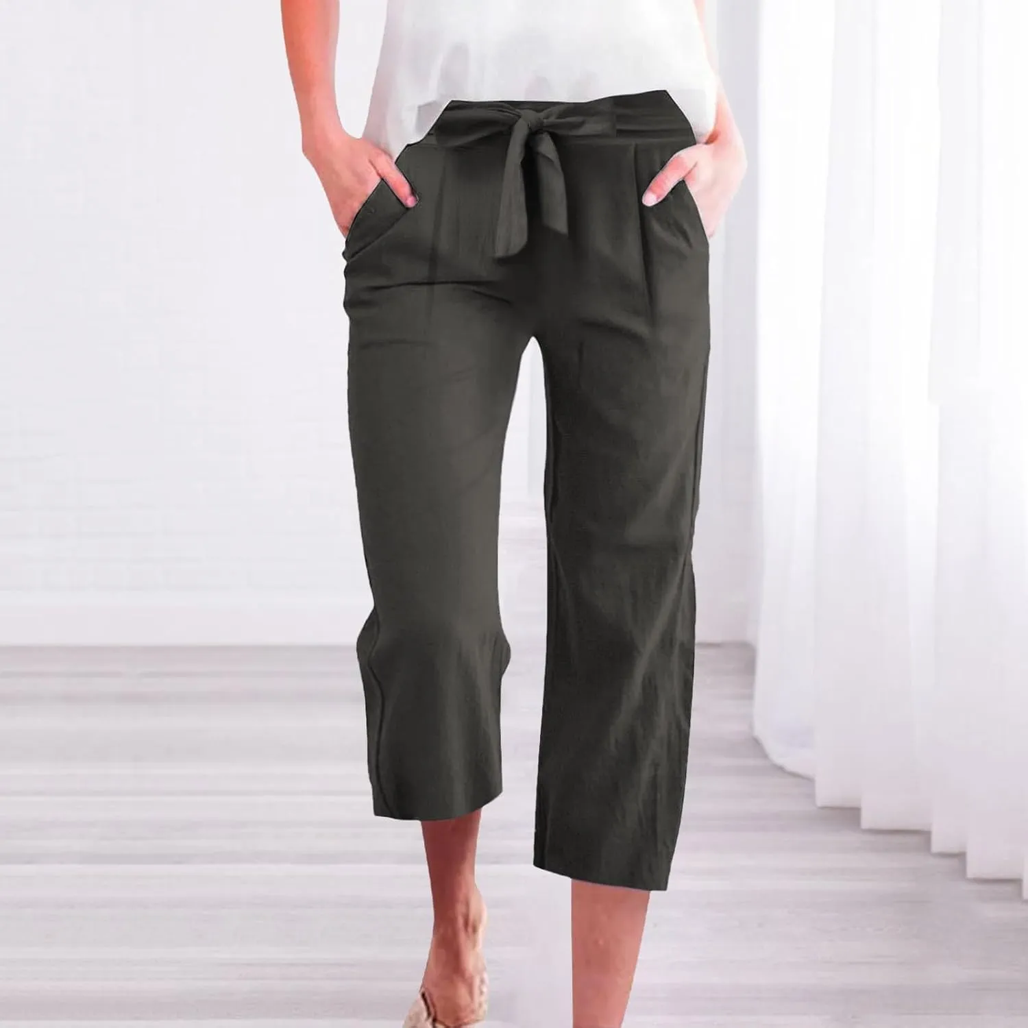 Womens Sweatpants Work,Cargo Pants Women Tall, Linen Cotton Straight Leg Petite Low Rise Capris with Pockets
