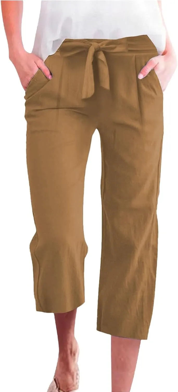 Womens Sweatpants Work,Cargo Pants Women Tall, Linen Cotton Straight Leg Petite Low Rise Capris with Pockets