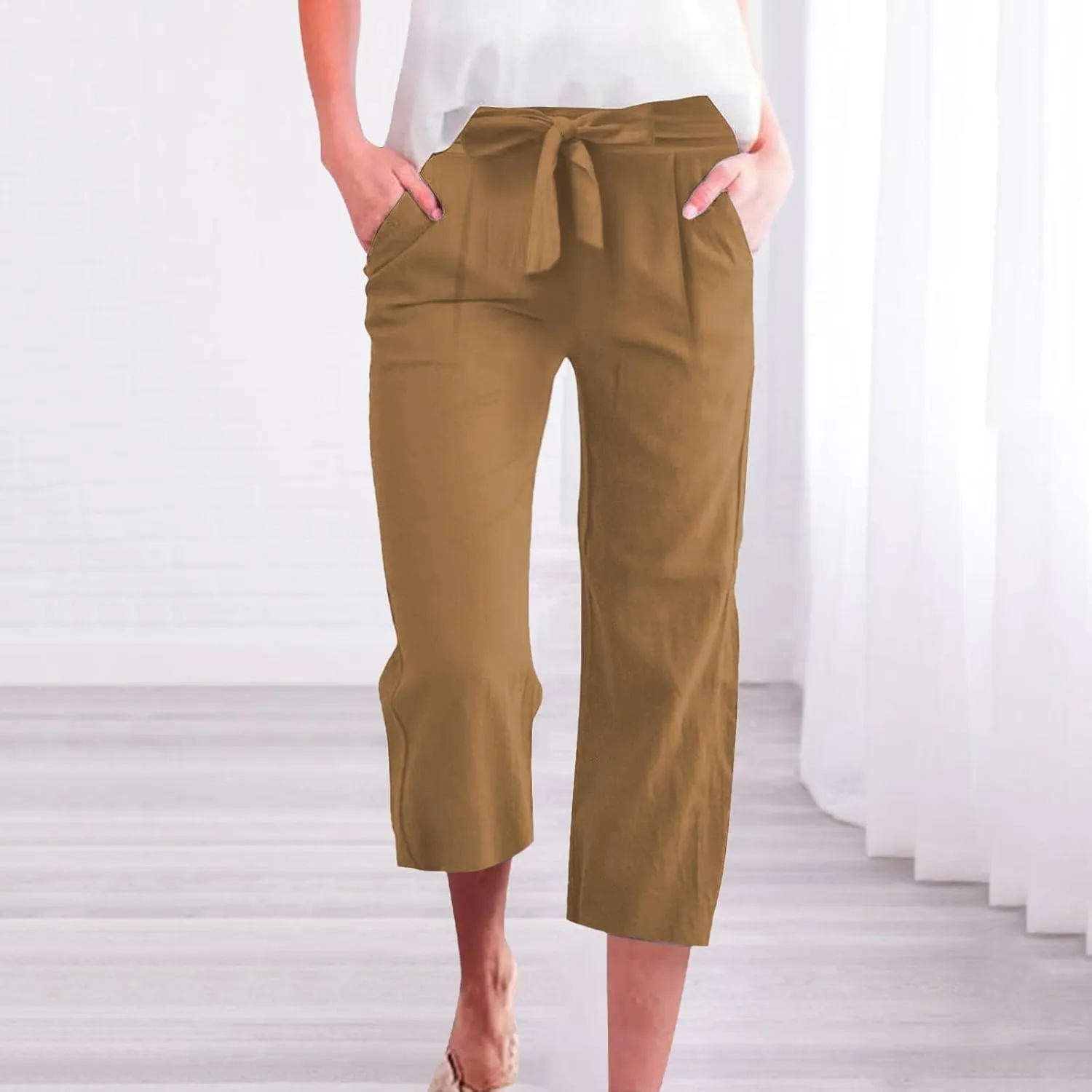 Womens Sweatpants Work,Cargo Pants Women Tall, Linen Cotton Straight Leg Petite Low Rise Capris with Pockets