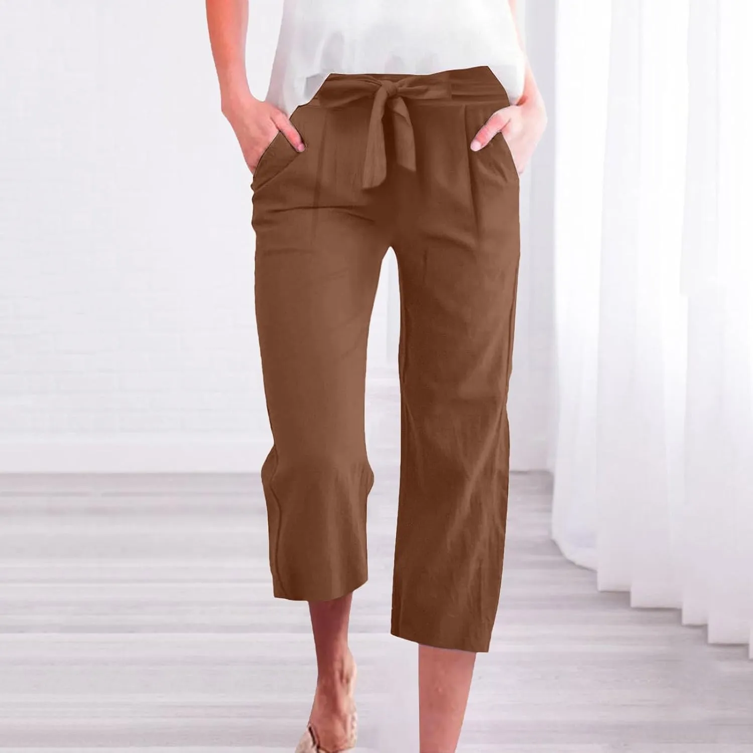 Womens Sweatpants,Women's Pants with Pockets Low Rise Capris Pockets Petite Work Straight Leg Linen Cotton