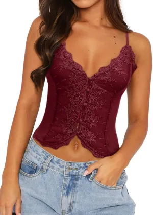 Women's Trendy Sexy Embroidered Lace Sleeveless V Neck Spaghetti Strap Cami Tank Top Boho Going Out Camisole Tops