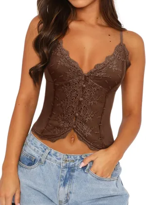 Women's Trendy Sexy Embroidered Lace Sleeveless V Neck Spaghetti Strap Cami Tank Top Boho Going Out Camisole Tops