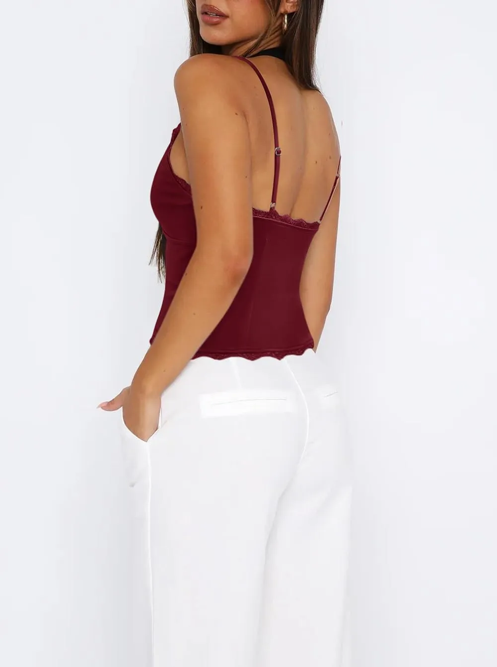 Women's Trendy Sexy Embroidered Lace Sleeveless V Neck Spaghetti Strap Cami Tank Top Boho Going Out Camisole Tops