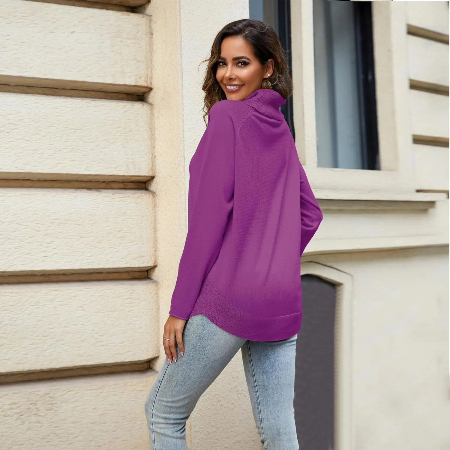 Women's Turtleneck Knit Pullover Long Sleeve Casual Oversized Curved Hemline Sweater Tops