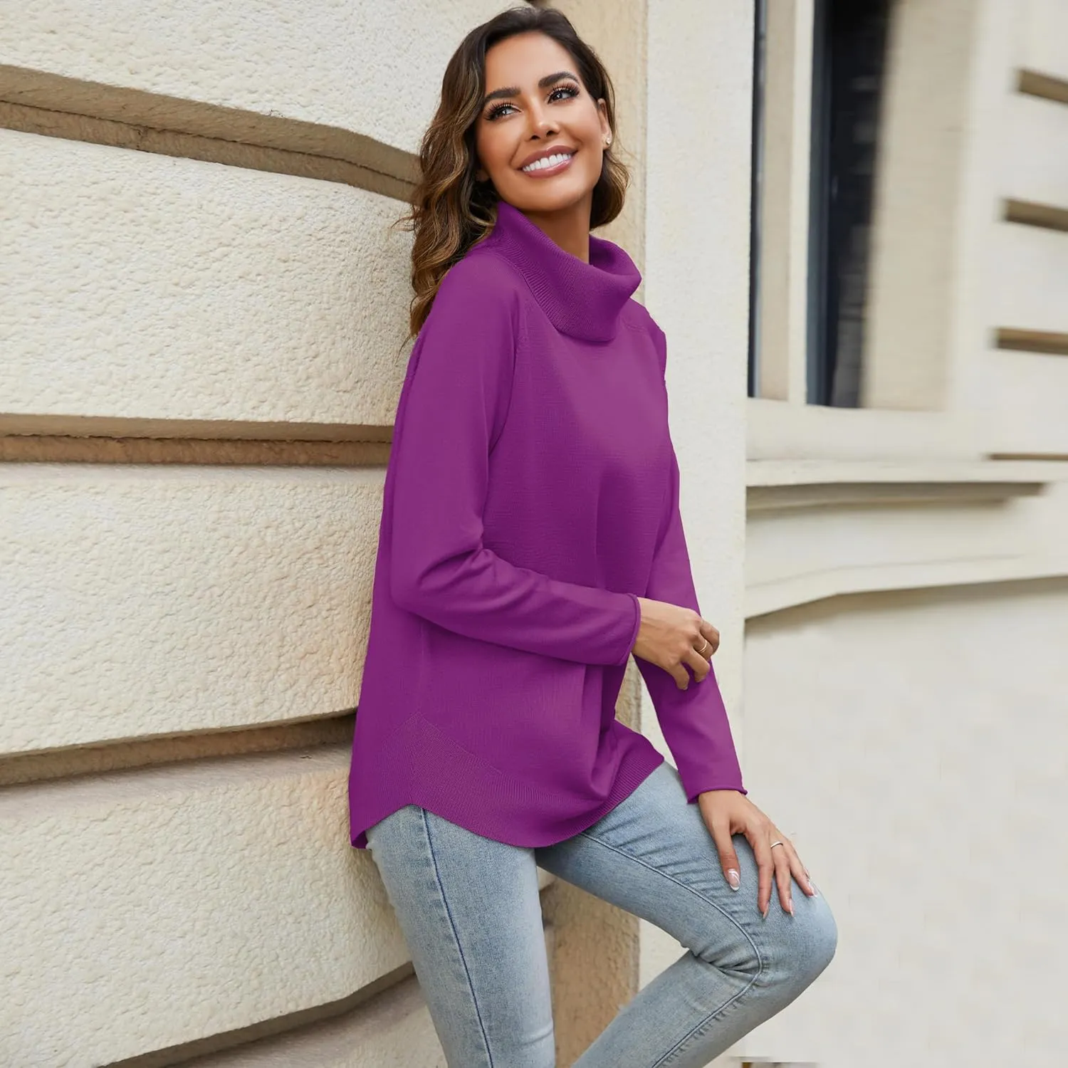 Women's Turtleneck Knit Pullover Long Sleeve Casual Oversized Curved Hemline Sweater Tops