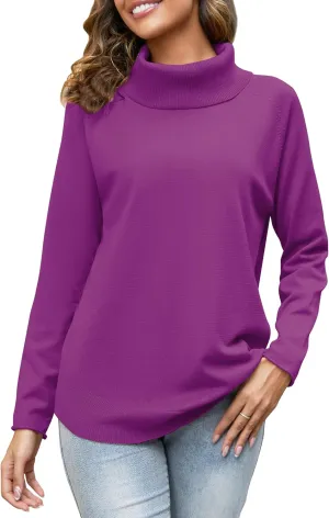 Women's Turtleneck Knit Pullover Long Sleeve Casual Oversized Curved Hemline Sweater Tops