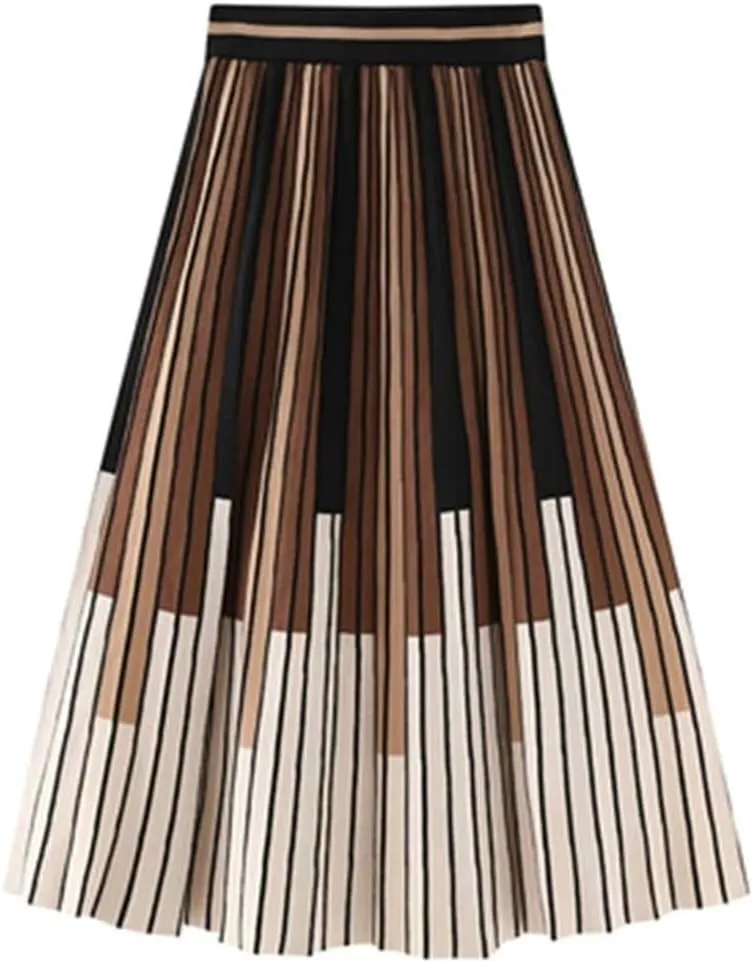 Women's Vintage Striped Knitted Midi Skirt High Waist A-Line Pleated