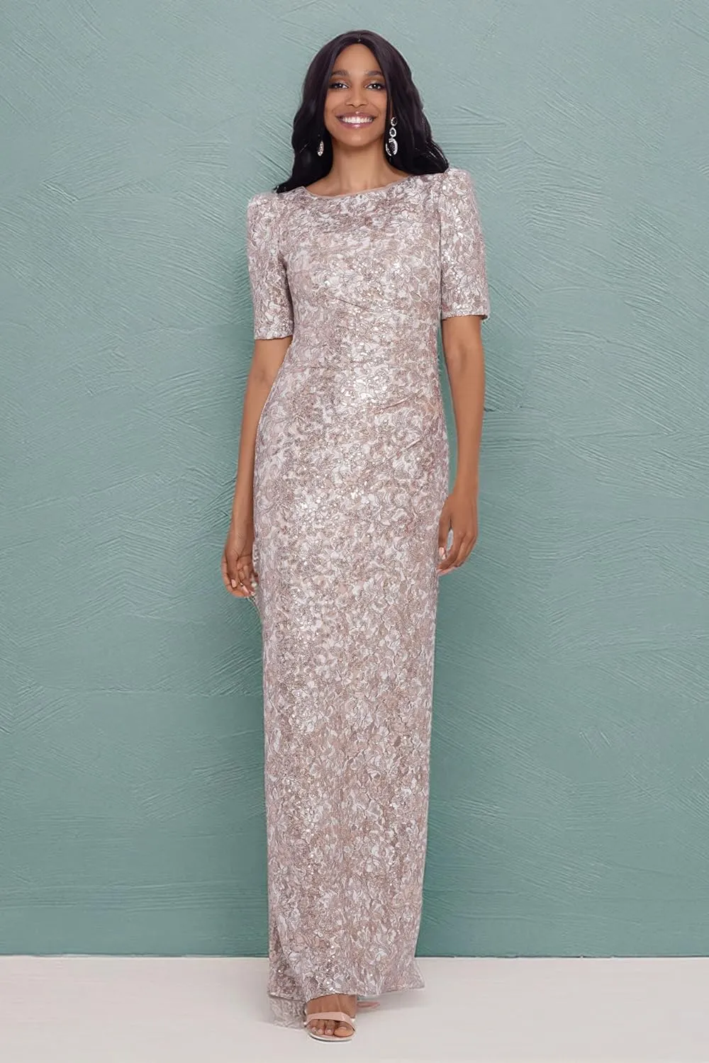 Xscape Women's Long Lace Sequin Side Ruched Dress (Reg and Petite)