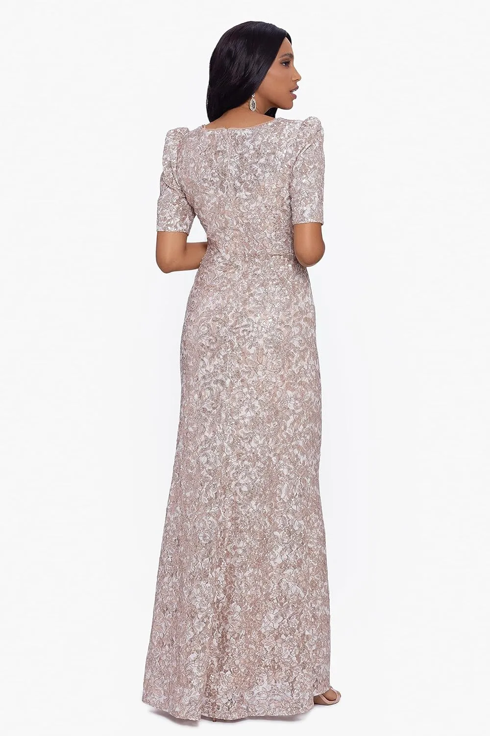 Xscape Women's Long Lace Sequin Side Ruched Dress (Reg and Petite)