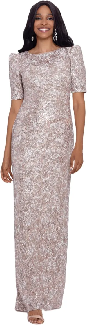 Xscape Women's Long Lace Sequin Side Ruched Dress (Reg and Petite)