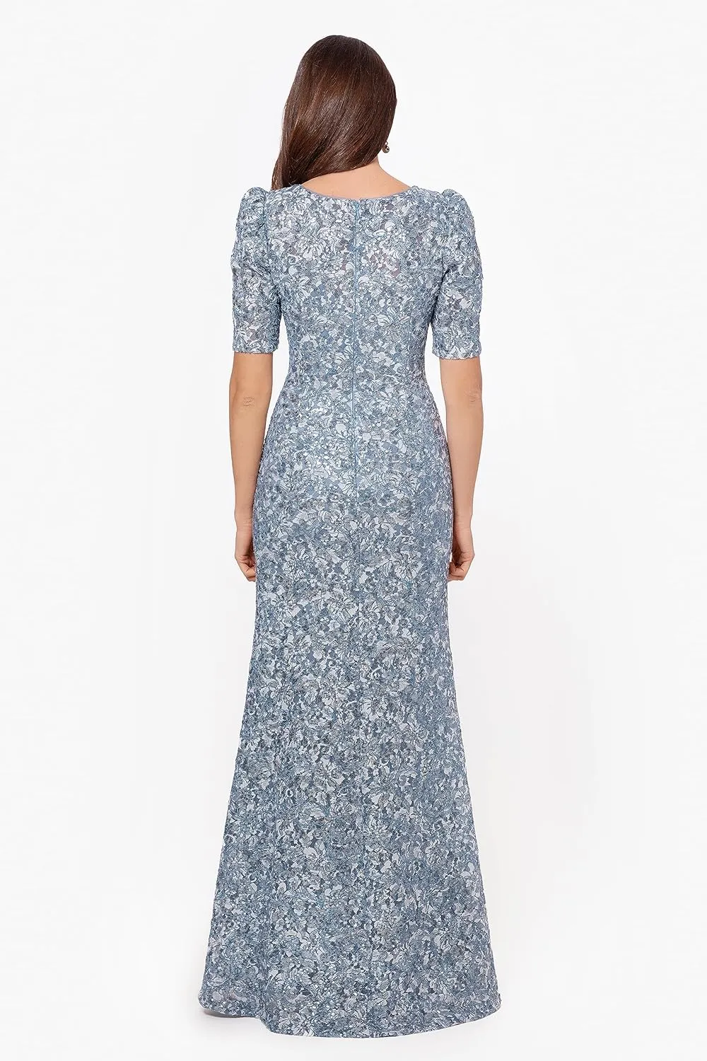 Xscape Women's Long Lace Sequin Side Ruched Dress (Reg and Petite)