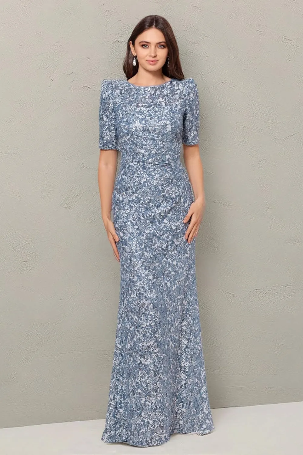 Xscape Women's Long Lace Sequin Side Ruched Dress (Reg and Petite)