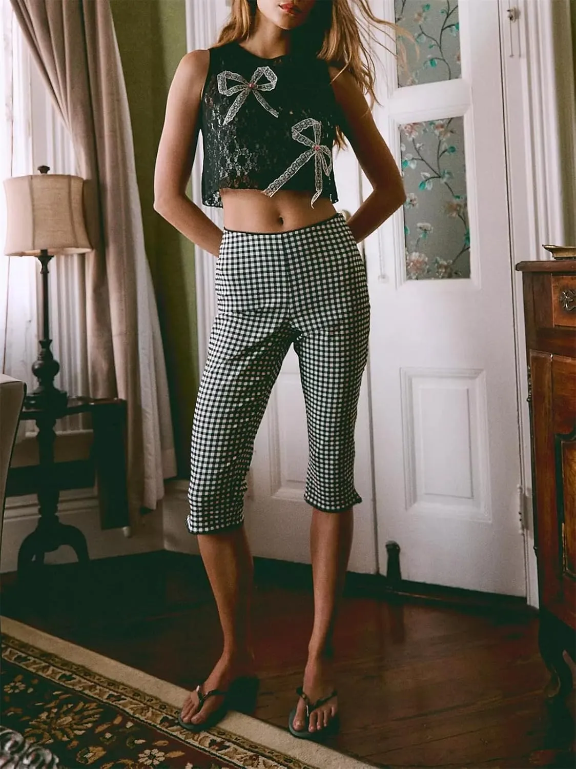 Y2k Capri Pants for Women Trendy Gingham Skinny Cropped Pants High Waist Pull On Capris Trousers Coquette Streetwear