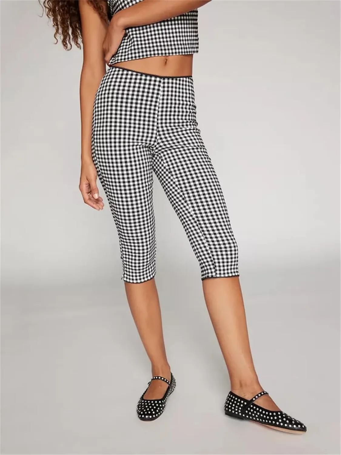 Y2k Capri Pants for Women Trendy Gingham Skinny Cropped Pants High Waist Pull On Capris Trousers Coquette Streetwear