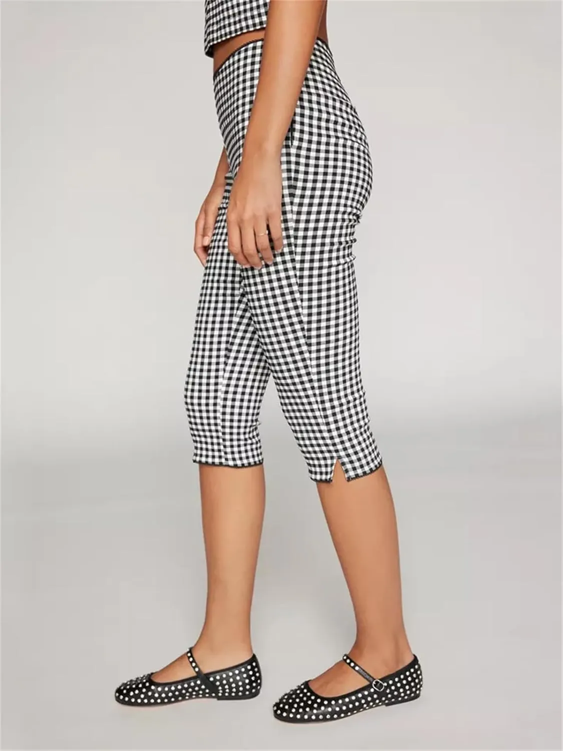 Y2k Capri Pants for Women Trendy Gingham Skinny Cropped Pants High Waist Pull On Capris Trousers Coquette Streetwear